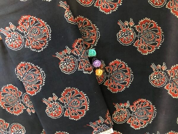 Red Mystic Floral Ajrak Print On Black Fabric